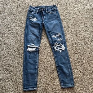 American Eagle Blue Skinny Jeans with Distressed Details